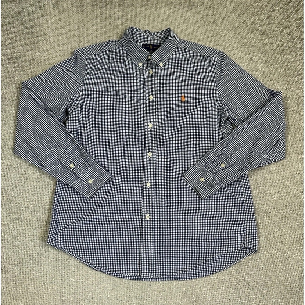 Ralph Lauren Shirt Boys XL 18/20 Blue‎ White Gingham Check Button Up Preppy Pony